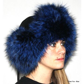 Silver Fox Fur & Leather Russian Trooper Style Hat - Blue-dyed