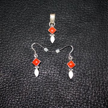 Sterling Silver Coral And Mother Of Pearl Pendant And Matching Earring Set