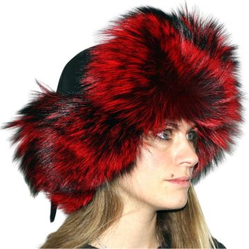 Silver Fox Fur & Leather Russian Trooper Style Hat - Red-dyed