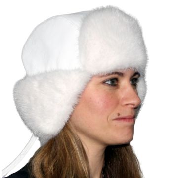 White Mink Fur & Leather Russian Trooper Style Hat 