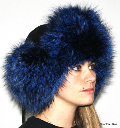 Silver Fox Fur & Leather Russian Trooper Style Hat - Blue-dyed
