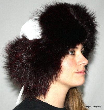 Badger Fur & Leather Russian Trooper Style Hat - Burgundy-dyed