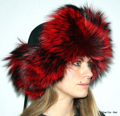Silver Fox Fur & Leather Russian Trooper Style Hat - Red-dyed