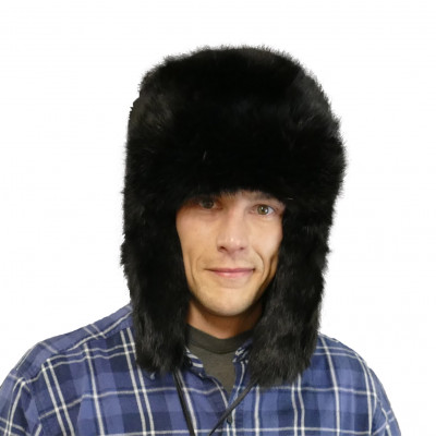 Authentic Black Dyed Rabbit Fur Russian Trooper/Ushanka Style Hat