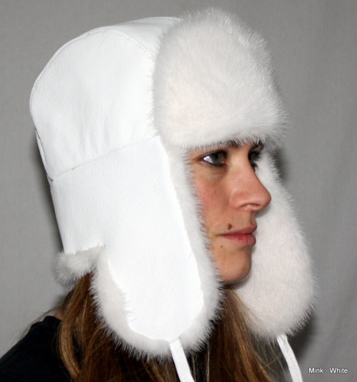 White Mink Fur & Leather Russian Trooper Style Hat 