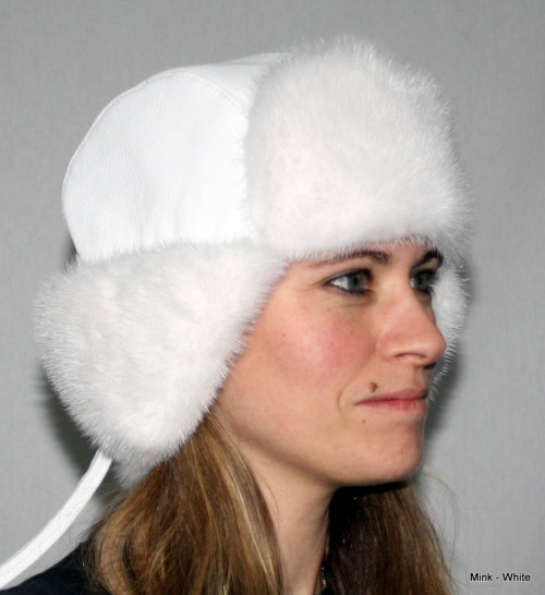 White Mink Fur & Leather Russian Trooper Style Hat 