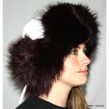 Badger Fur & Leather Russian Trooper Style Hat - Burgundy-dyed