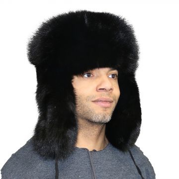 Blue Fox Fur Russian Trooper Style Hat - Black Dyed