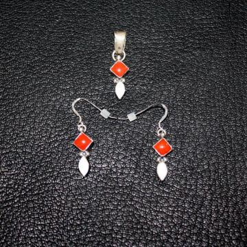 Sterling Silver Coral And Mother Of Pearl Pendant And Matching Earring Set