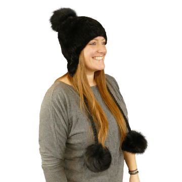 Knitted Mink Pom Pom Fur Hats - Black