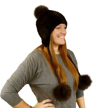 Knitted Mink Pom Pom Fur Hats - Brown
