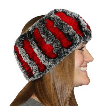 Rex Rabbit Fur Headband - Gray With Red Stripes