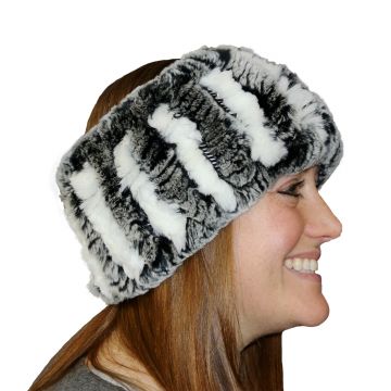 Rex Rabbit Fur Headband - Gray With White Stripes